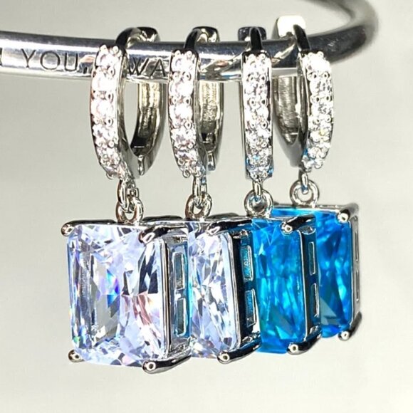 Rectangular Cubic Zirconias Dangle Drop Silver Plated Earrings - Picture 2 of 5